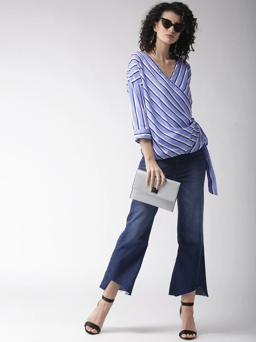 Women Blue & White Striped Wrap Top