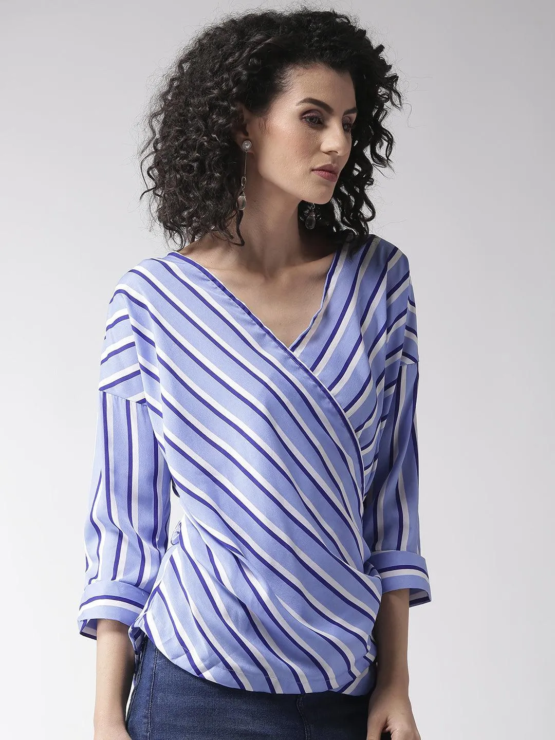 Women Blue & White Striped Wrap Top