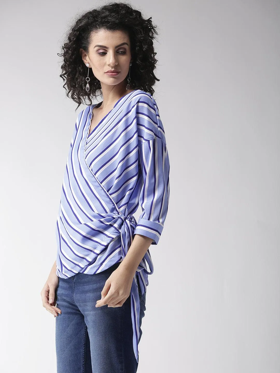 Women Blue & White Striped Wrap Top
