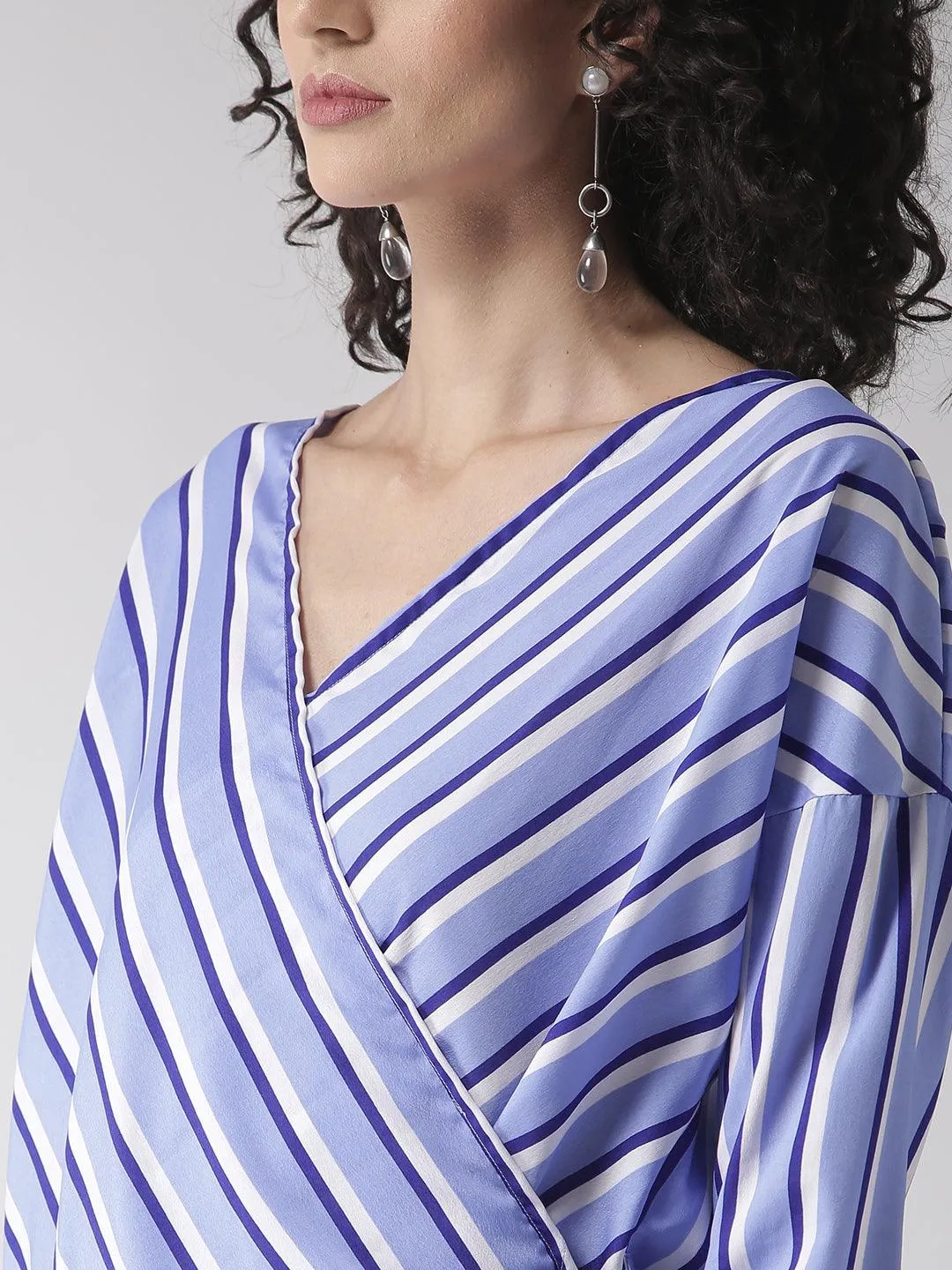 Women Blue & White Striped Wrap Top