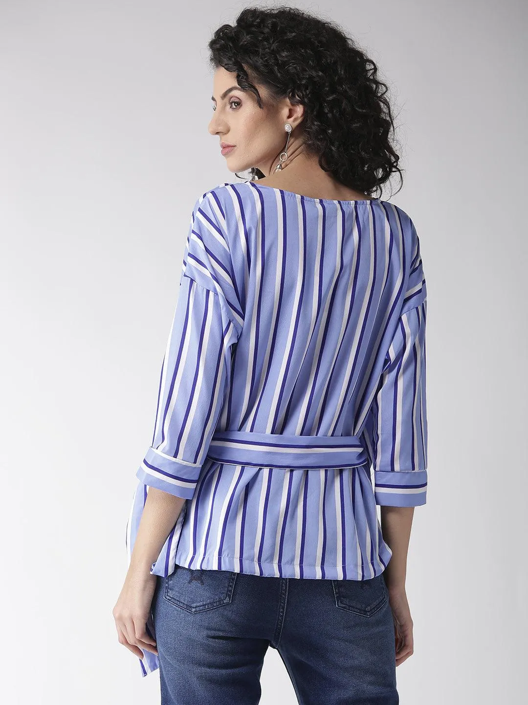 Women Blue & White Striped Wrap Top