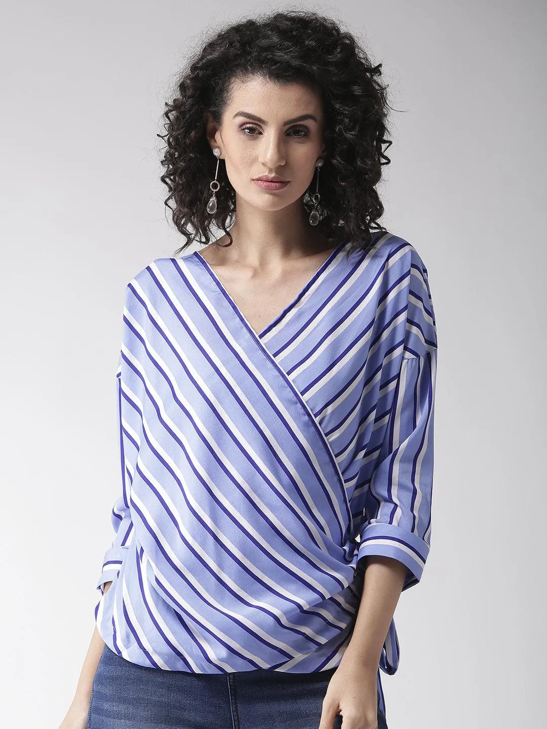 Women Blue & White Striped Wrap Top