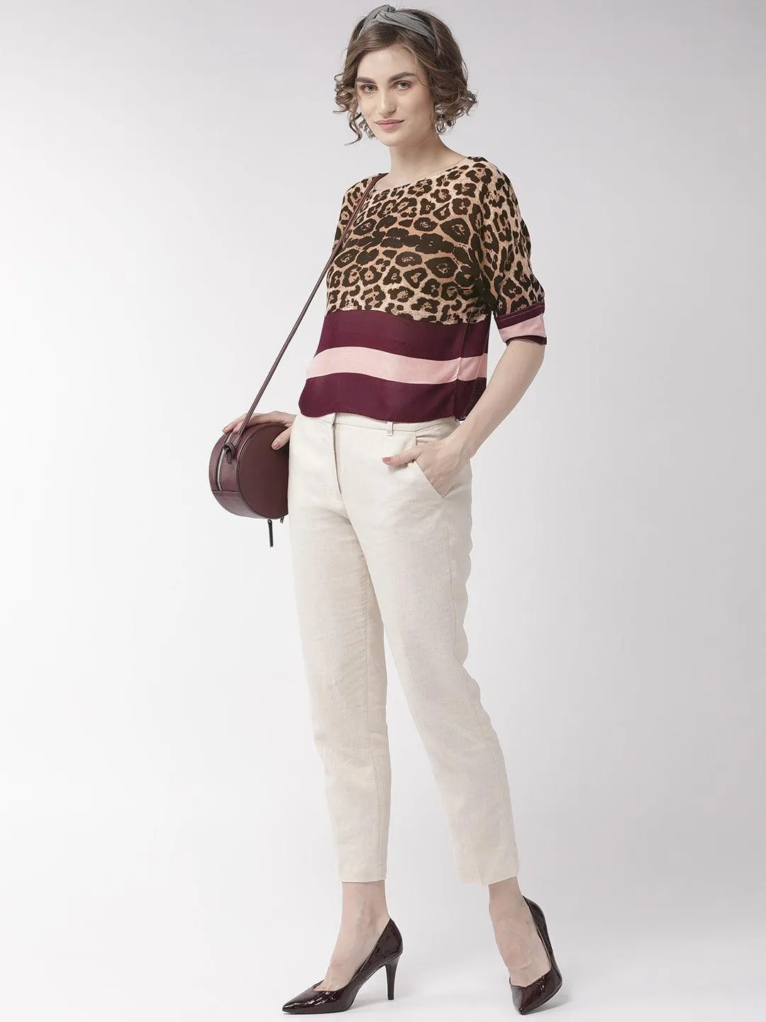Women Brown & Purple Leopard Print Top
