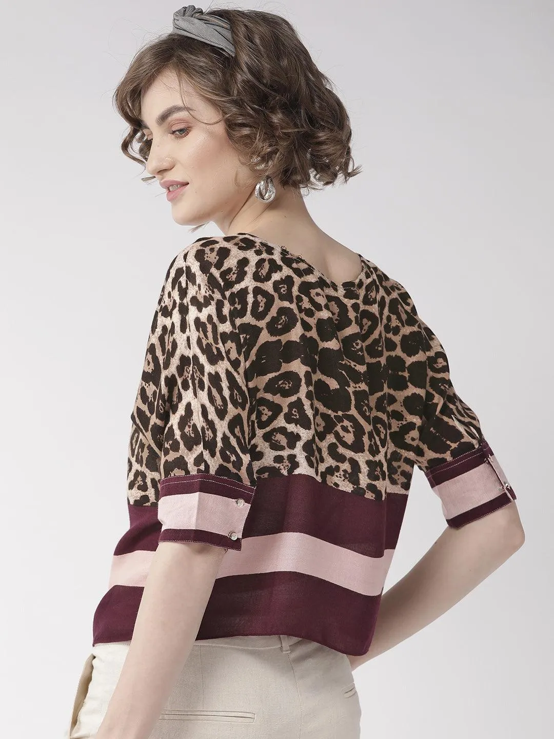 Women Brown & Purple Leopard Print Top