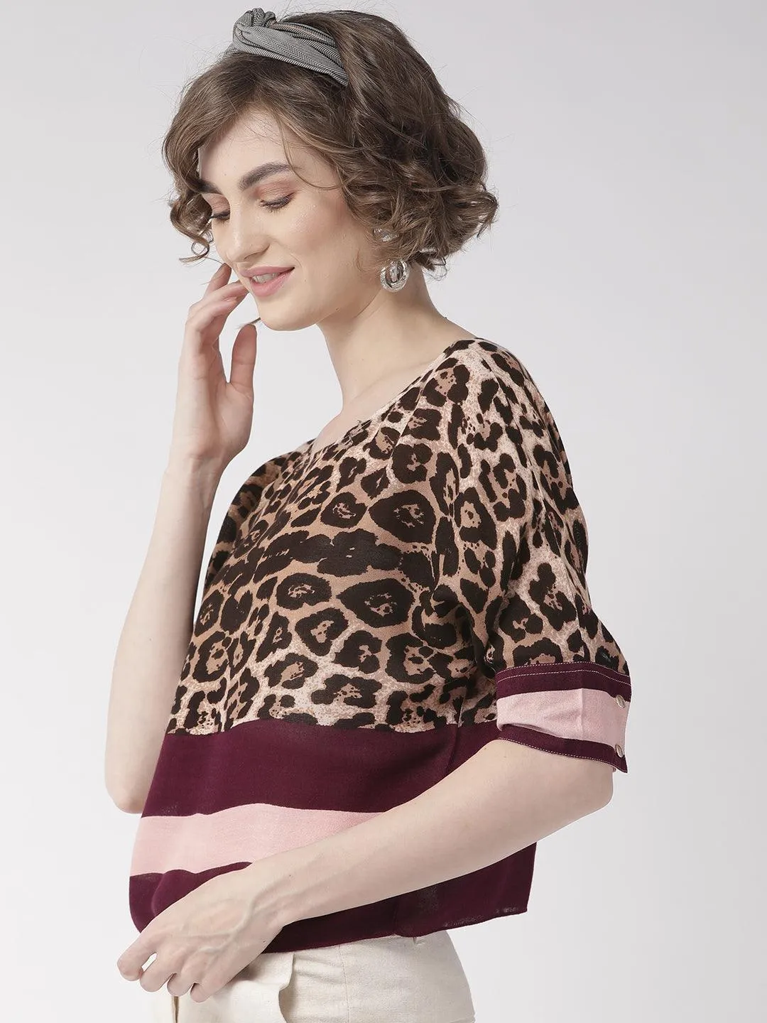 Women Brown & Purple Leopard Print Top