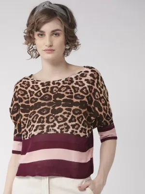 Women Brown & Purple Leopard Print Top