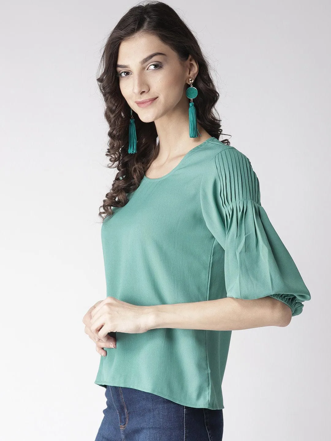 Women Green Solid A-Line Top