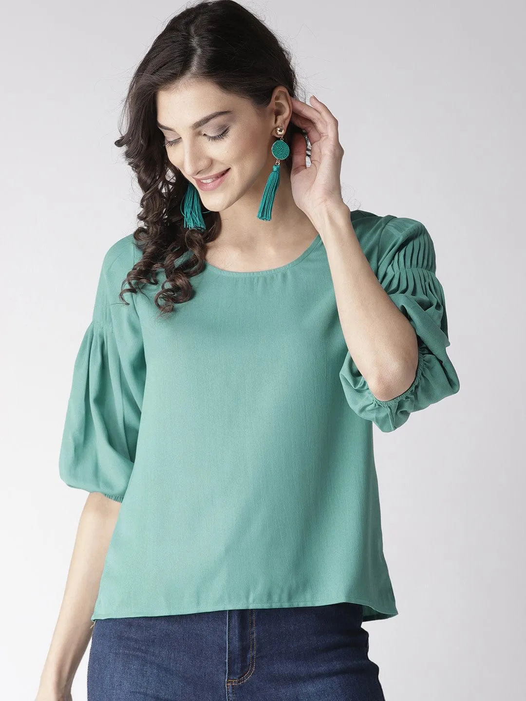 Women Green Solid A-Line Top