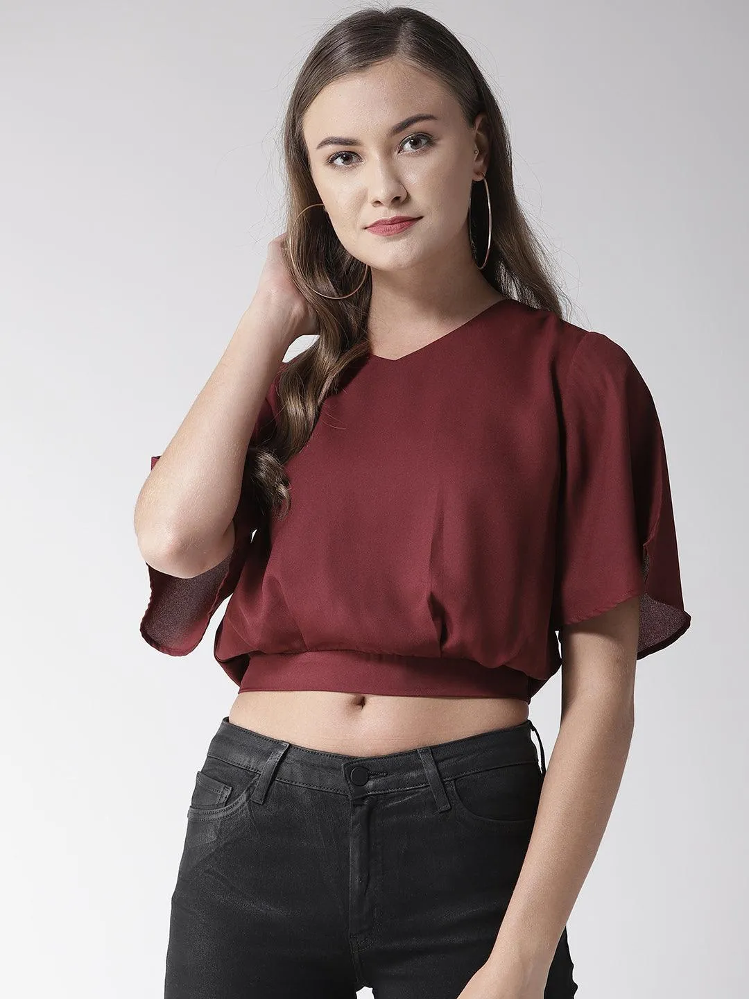 Women Maroon Solid Crop Blouson Top