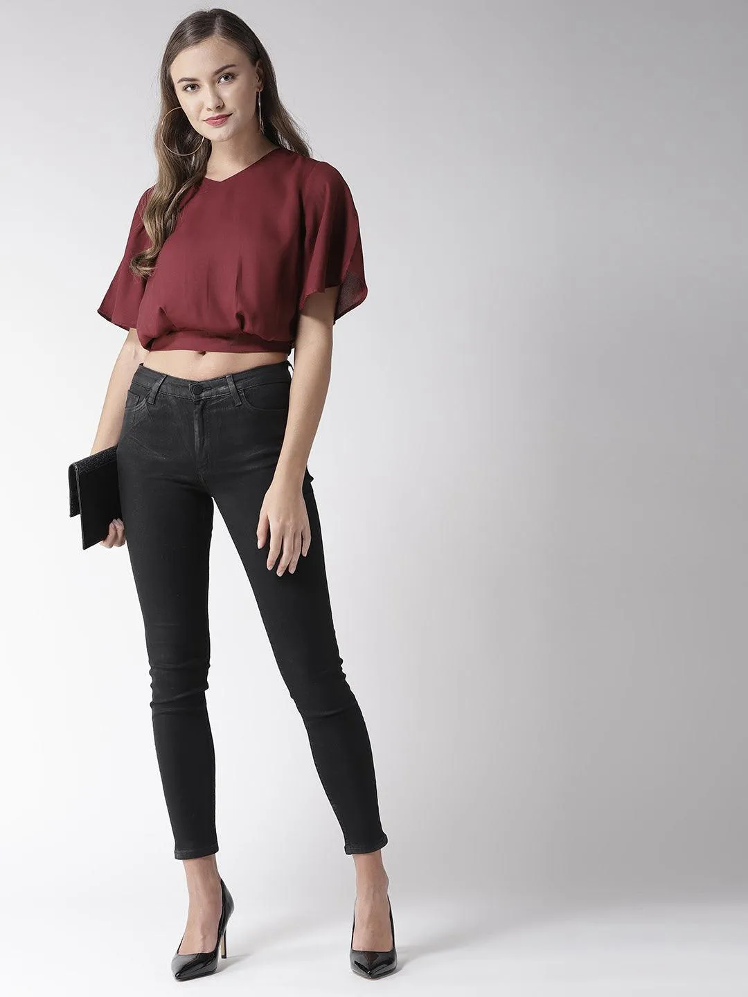 Women Maroon Solid Crop Blouson Top