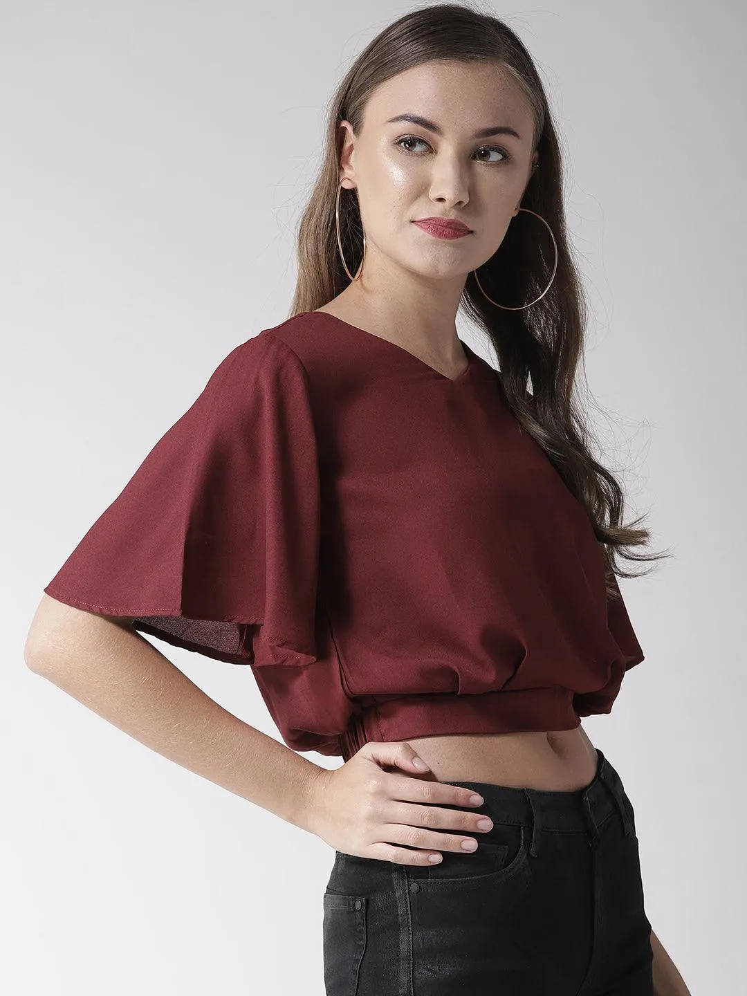 Women Maroon Solid Crop Blouson Top