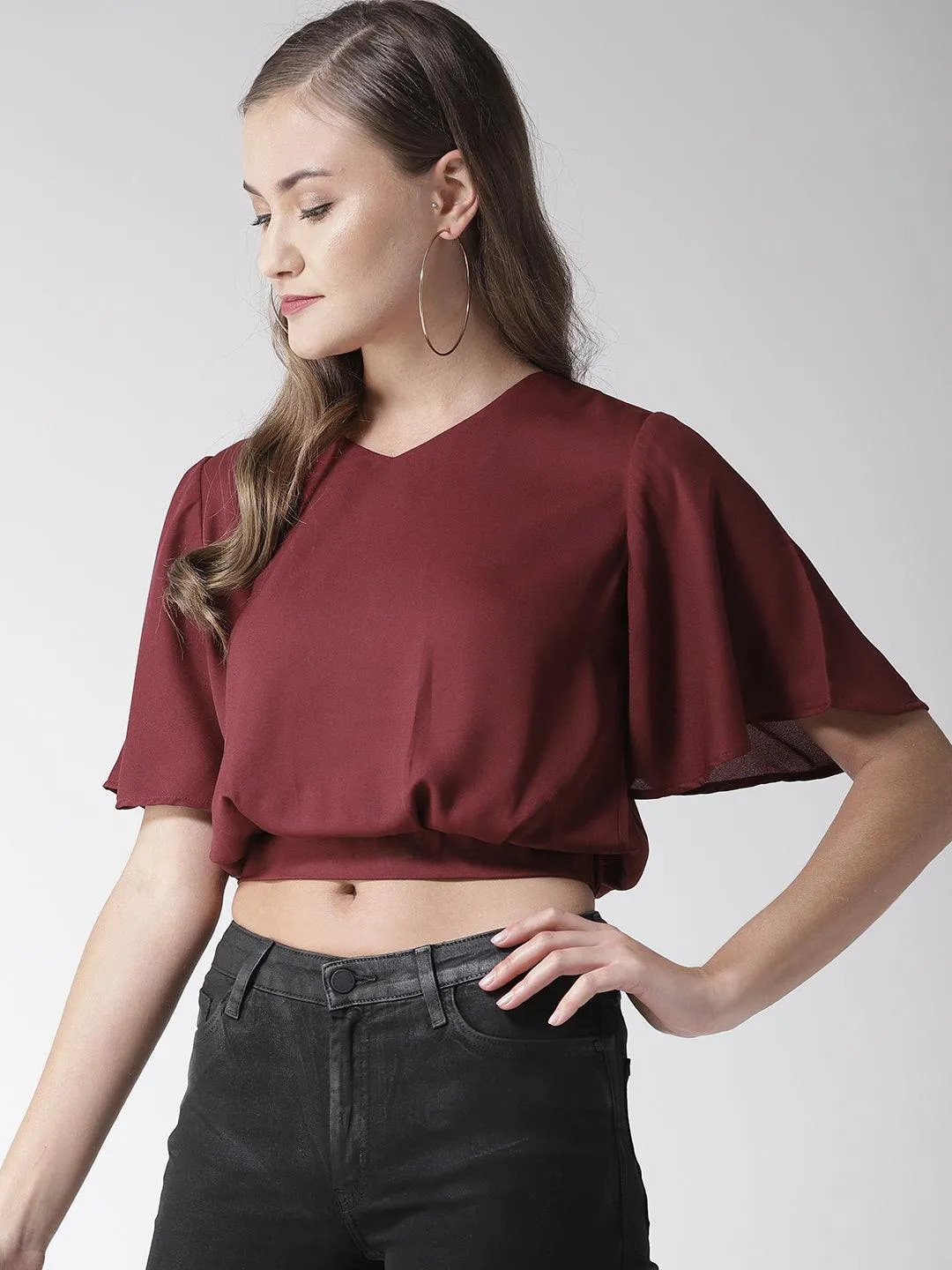 Women Maroon Solid Crop Blouson Top