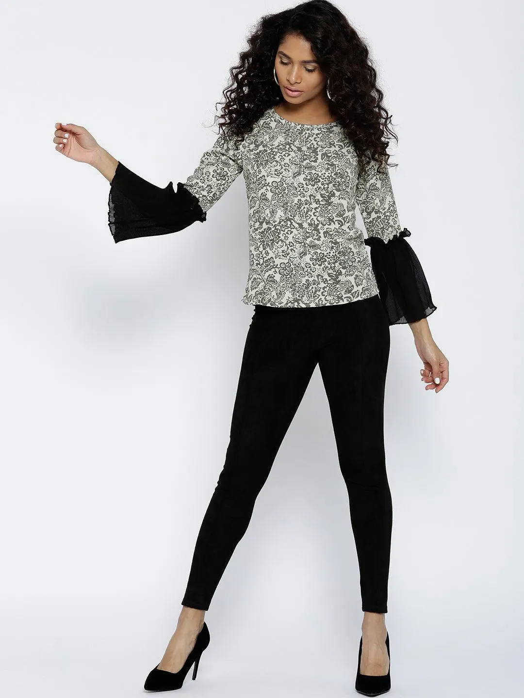 Women White & Black Printed Top